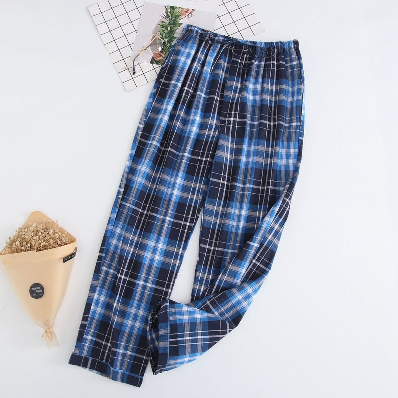 Mens Cotton Pajama Pants Plaid Spring AutumnBlue and Black large grid Blue and Black large grid