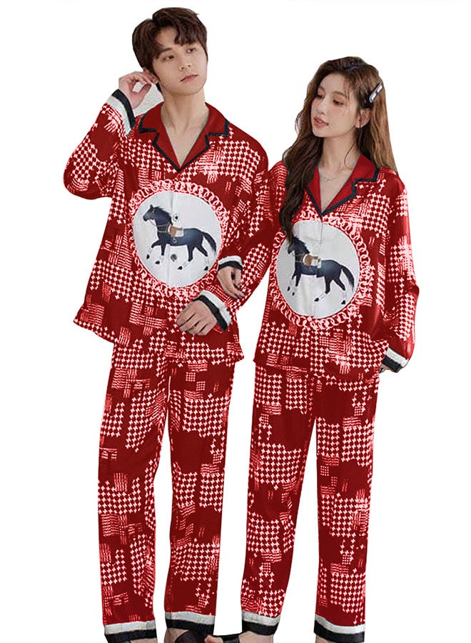 Large Size Men,Medium Size Women, Couple Pajamas Set, Horse Print Nightwear Home Clothes for Men Women Red / MG13