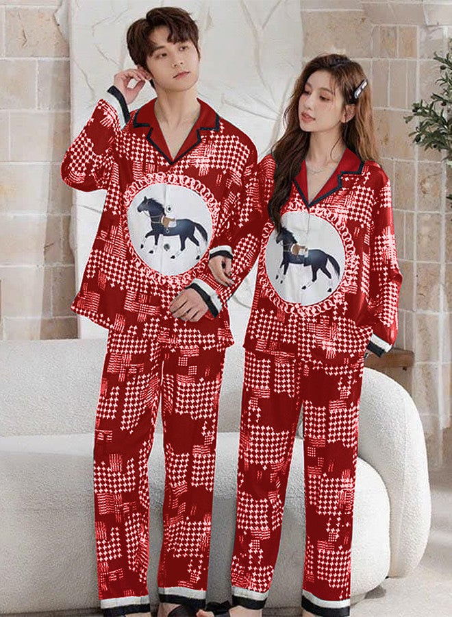 Large Size Men,Medium Size Women, Couple Pajamas Set, Horse Print Nightwear Home Clothes for Men Women Red / MG13