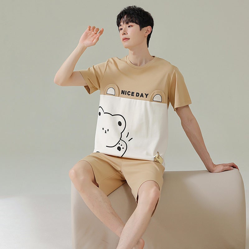 Couple Pajamas Summer Cotton Short-sleeved Shorts Mens and Womens Cotton Cute Bear Cartoon Thin Home Clothes Set 7083 men's