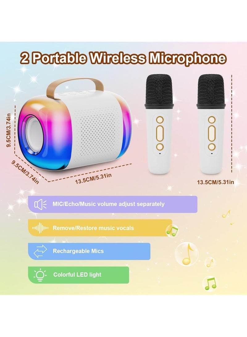 Kids Karaoke Machine - Portable Bluetooth Speaker with 2 Microphones for Kids - Dual Frequency Dual Speakers and LED Light - 10 Hours Duration - 3-18 Years Old (White)