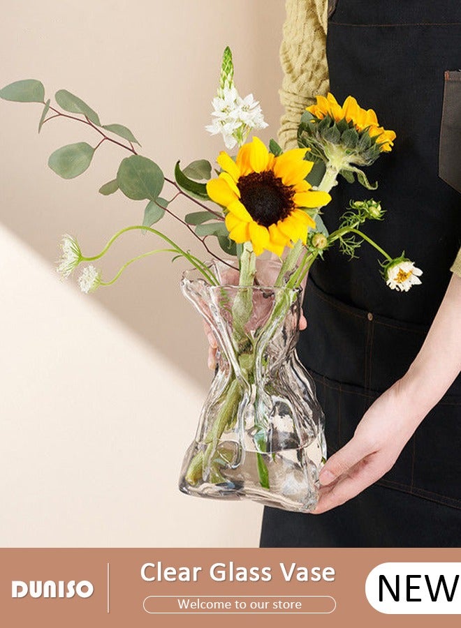 Clear Glass Vase, Irregular Shaped Flower Vases for Centerpiece Table Indoor Desk Decor, Unique Balcony Flowers Container Decor, Geometric Vase for Office Decoration, Shelf, Table, Bookshelf