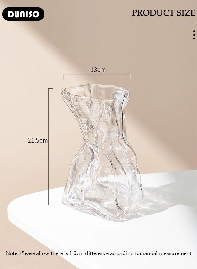 Clear Glass Vase, Irregular Shaped Flower Vases for Centerpiece Table Indoor Desk Decor, Unique Balcony Flowers Container Decor, Geometric Vase for Office Decoration, Shelf, Table, Bookshelf