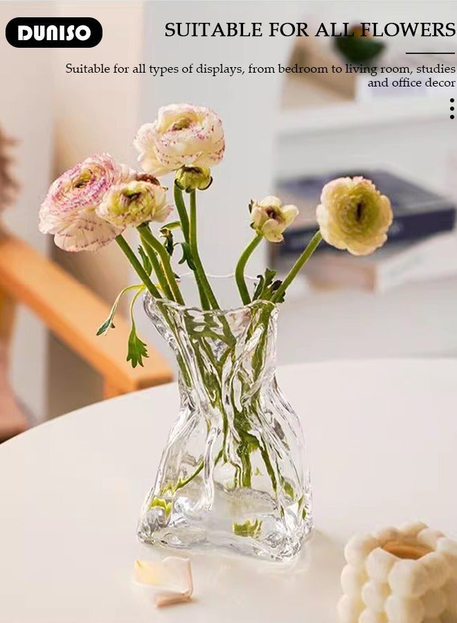 Clear Glass Vase, Irregular Shaped Flower Vases for Centerpiece Table Indoor Desk Decor, Unique Balcony Flowers Container Decor, Geometric Vase for Office Decoration, Shelf, Table, Bookshelf
