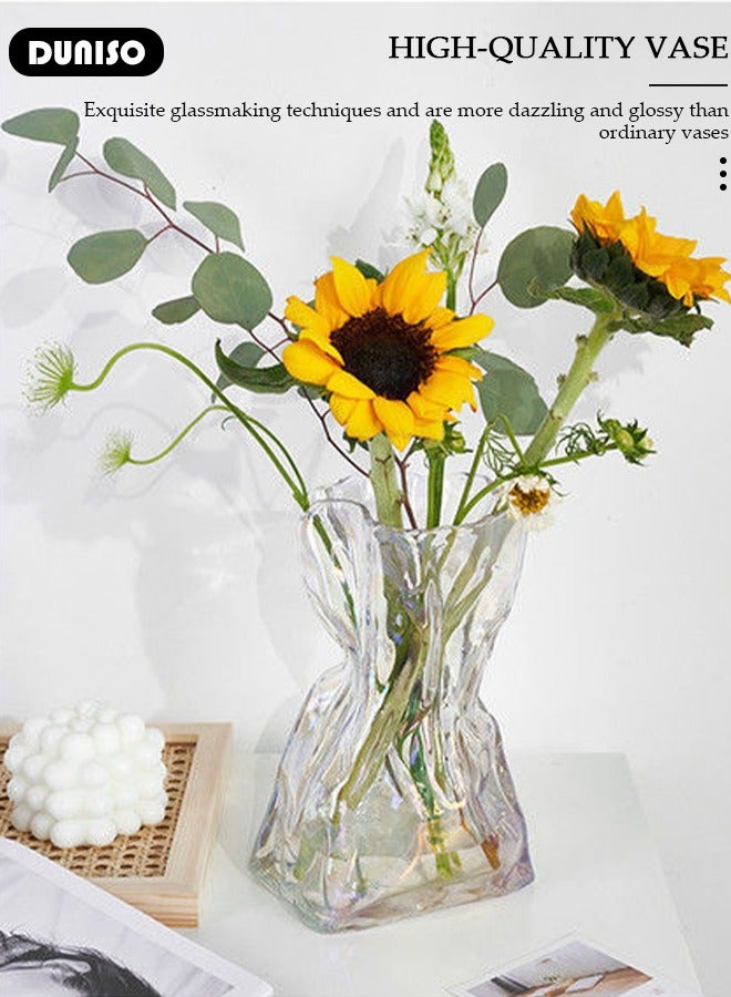 Clear Glass Vase, Irregular Shaped Flower Vases for Centerpiece Table Indoor Desk Decor, Unique Balcony Flowers Container Decor, Geometric Vase for Office Decoration, Shelf, Table, Bookshelf