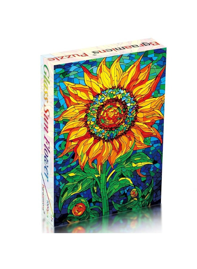 Bgraamiens PuzzleGlass Sun Flower1000 Pieces Rectangle Puzzle Stained Glass Art Color Challenging Beautiful Jigsaw Puzzles for Adults and KidsGlass Sun Flower