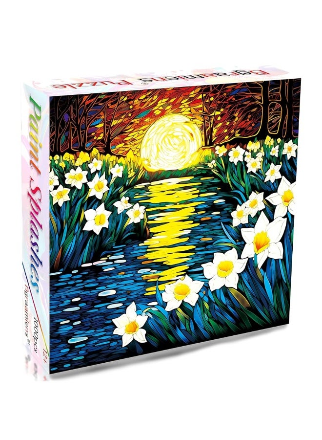 Bgraamiens PuzzleMoonlight Daffodils1000 Pieces Square Stained Glass Art Puzzle Daffodils in Moonlight Color Challenging Beautiful Jigsaw Puzzles for Adults and KidsMoonlight Daffodils