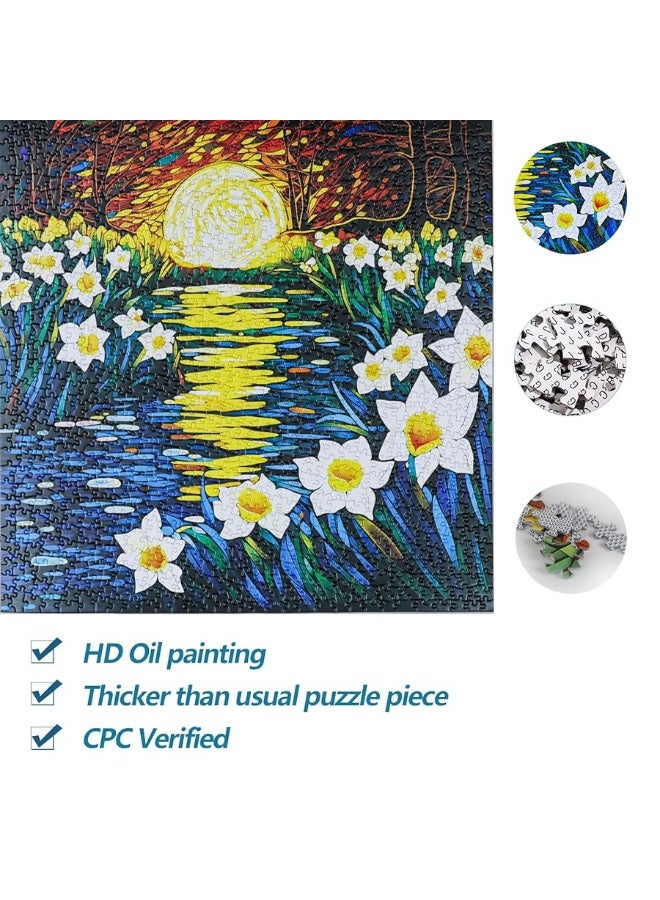 Bgraamiens PuzzleMoonlight Daffodils1000 Pieces Square Stained Glass Art Puzzle Daffodils in Moonlight Color Challenging Beautiful Jigsaw Puzzles for Adults and KidsMoonlight Daffodils