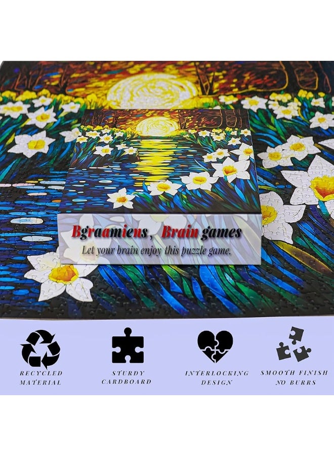 Bgraamiens PuzzleMoonlight Daffodils1000 Pieces Square Stained Glass Art Puzzle Daffodils in Moonlight Color Challenging Beautiful Jigsaw Puzzles for Adults and KidsMoonlight Daffodils