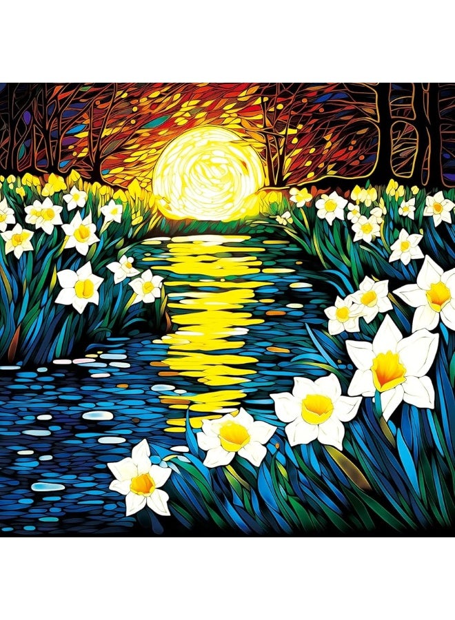 Bgraamiens PuzzleMoonlight Daffodils1000 Pieces Square Stained Glass Art Puzzle Daffodils in Moonlight Color Challenging Beautiful Jigsaw Puzzles for Adults and KidsMoonlight Daffodils