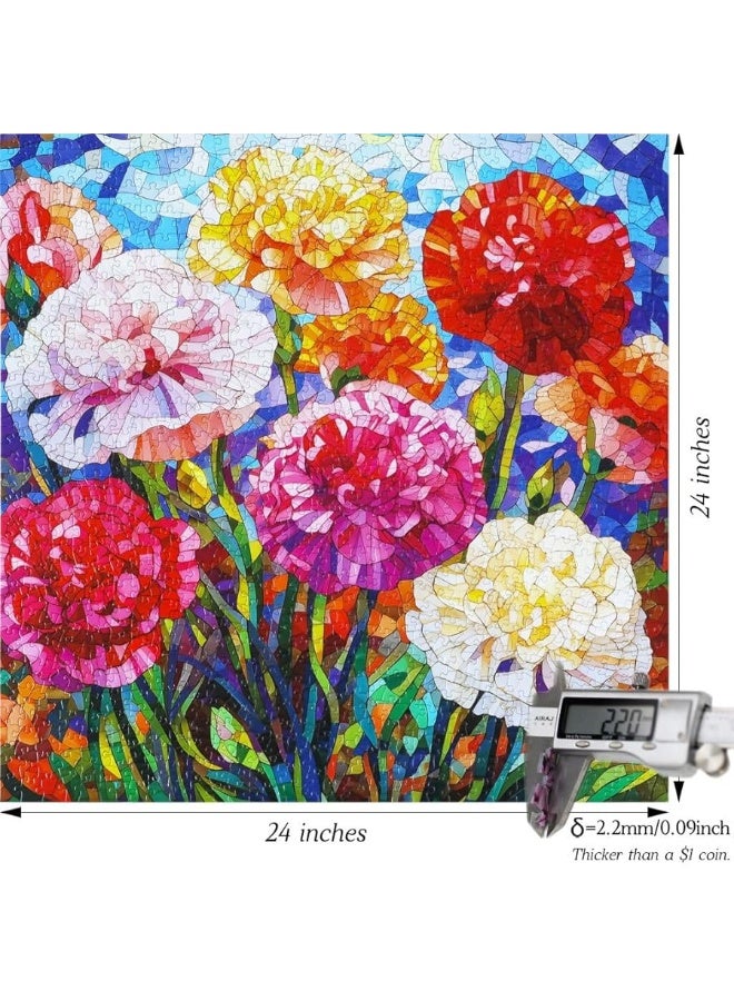 Bgraamiens Puzzle-Carnation-1000 Pieces Stained Glass Puzzle for Adults, Stained Glass Flowers Art Puzzle with Blooming Carnations, Impossible Puzzle Color Challenge Puzzle for Adults