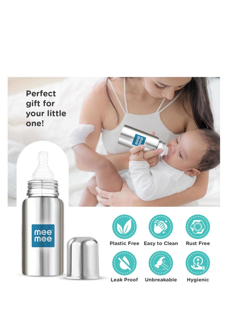 Mee Mee Baby Steel Feeding Bottle 240ml | Baby Milk Bottle with Advanced Anti Colic Valve, BPA Free, Soft Silicone Teat, Wide Neck for...