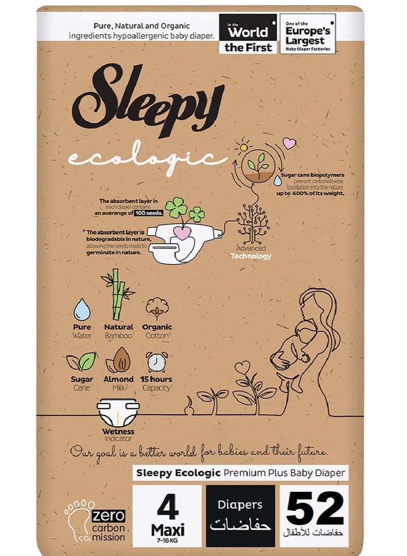 Sleepy Ecologic Size 4 52 Count (New Born) Hypoallergenic Plant-Based, Biodegradable, Sustainable Premium Taped Diapers with high absorption Organic Baby Dry Diaper 3-6 kg 100% leakproof