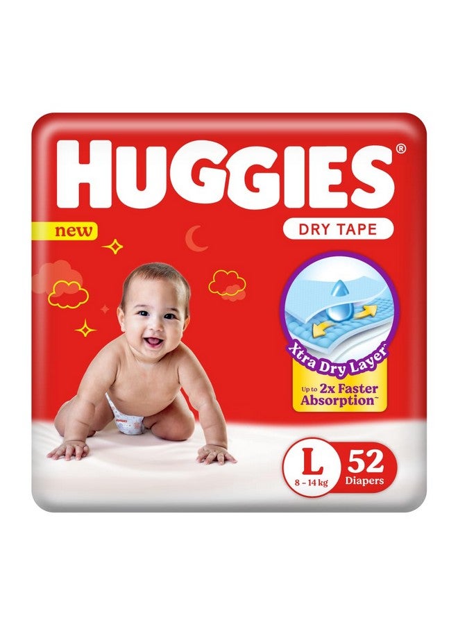 Dry Tape | Adjustable Tape Style Unisex Diapers L Size, 52 Count | Up To 2X Faster Absorption, Up To 12 Hours Overnight Absorption, Ideal For 8 To 14 Kgs