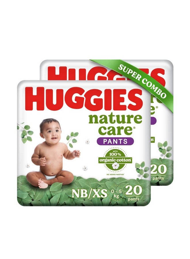 Nature Care Pants, New Born/Extra Small Size (Upto 5 Kgs) Premium Baby Diaper Pants, Combo Pack 40 Count, Made With 100% Organic Cotton