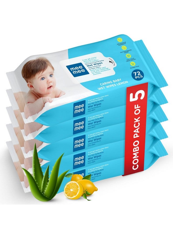 Soft Gentle Baby Wet Wipes (72 Wipes) Pack Of 5 | Infused With Aloevera And Lemon Extract | Paraben & Sulfate Free | Cleansing Wipes | Wipes Combo For Babies