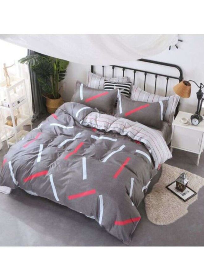 4-Piece Striped Printed Duvet Cover Set Polyester Grey/White/Red