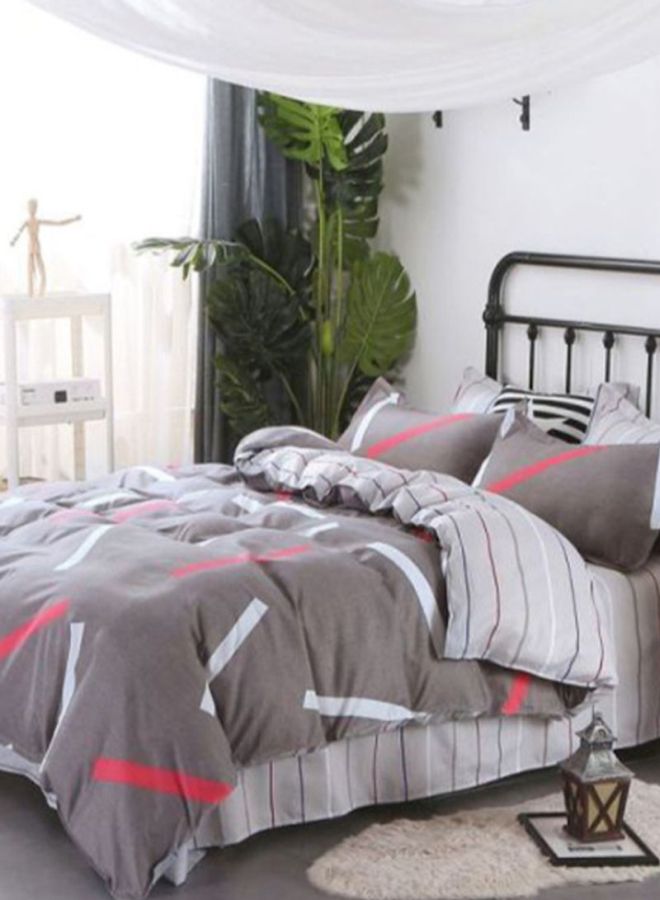 4-Piece Striped Printed Duvet Cover Set Polyester Grey/White/Red