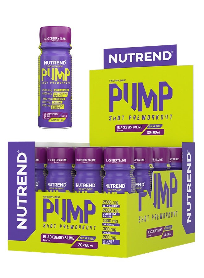 Pump Shot - Pre-Workout -  Blackberry & Lime Flavor - 20 x 60 ml - Caffeine Free pre-workout - Sugar free - Boosts Energy & Performance