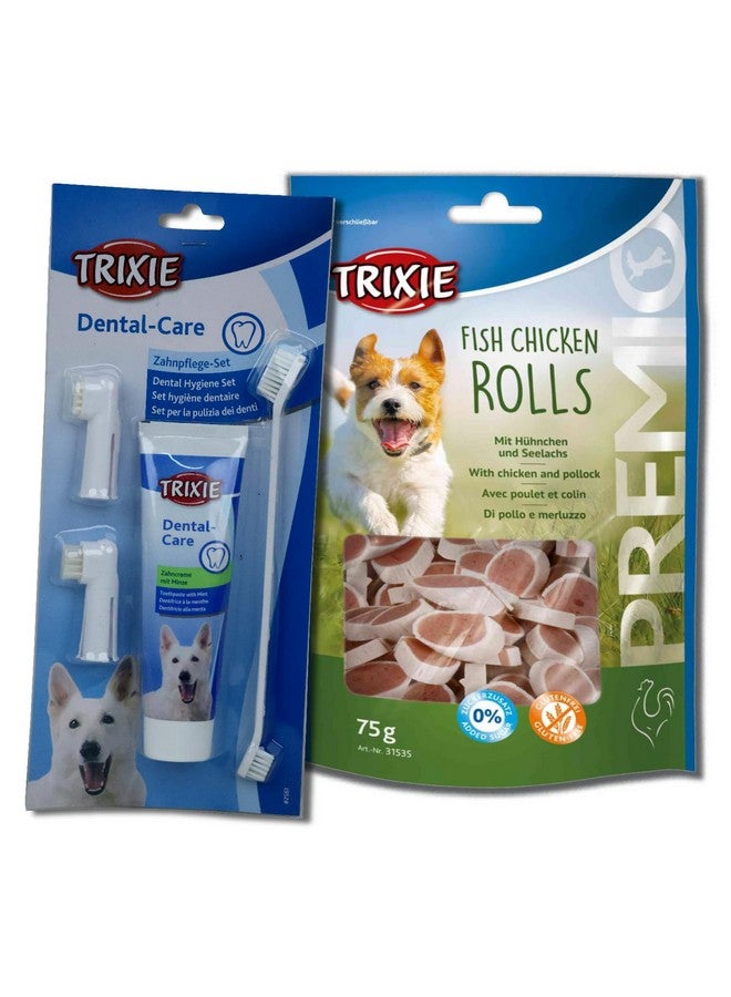 Premio Fish Chicken Rolls Dog Treats, 75 G And Dog Dental Hygiene Kit With Mint Toothpaste (100 G), Finger Toothbrush, Finger Massage Brush, Two-Sided Toothbrush