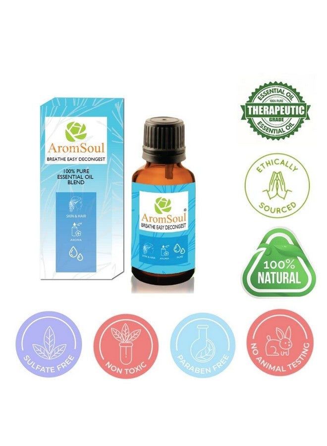 Natural And Pure Breathe Easy Decongest Essential Oil Blend 30 Ml For Sinus, Congestion Relief | Peppermint, Eucalyptus, Tea Tree, Lemon, Laurel Leaf, Cardamom Oil (Blue)