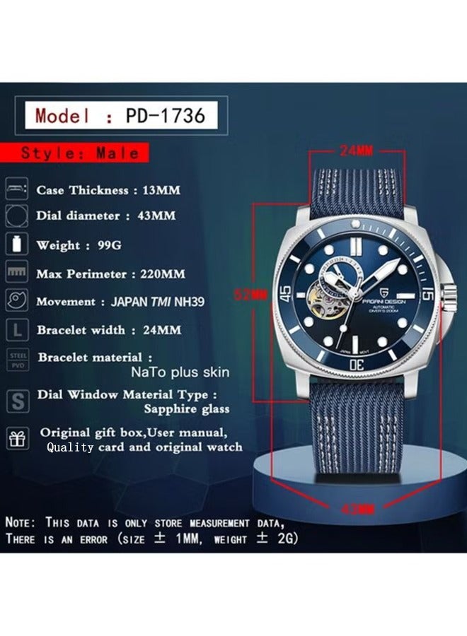 Men's Automatic NH39 Movement Watch, Sports Nylon Strap, 200m Waterproof Sports Watch Blue