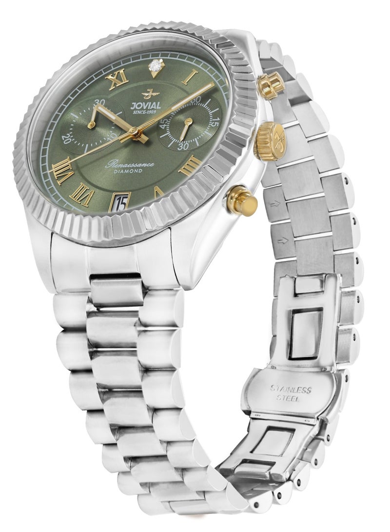 Men's Fashion metal band watch, 38mm, Green Dial with Diamond