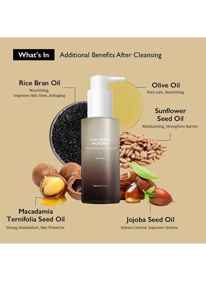 Wonder Black Rice Moisture Cleansing Oil, Facial Cleanser Makeup Remover, Vegan & Cruelty Free, Jojoba Seed Oil & Macadamia Seed Oil, Soothing Gentle Suitable for All Skin Types, 5.1 fl.oz / 150ml