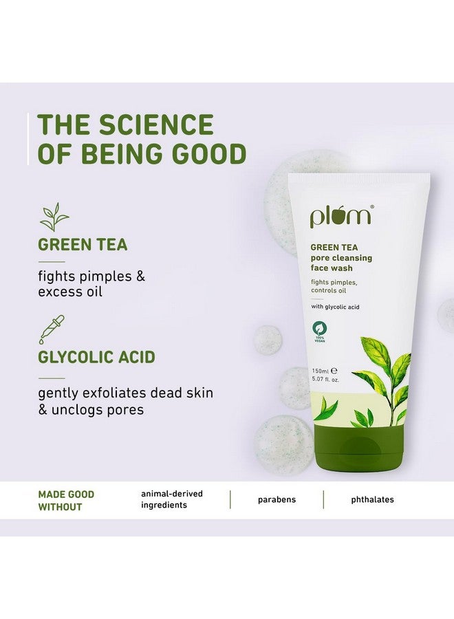 Green Tea Pore Cleansing Face Wash For Oily Skin | With Glycolic Acid | Controls Excess Oil | Removes Dead Skin Cells | Gentle & Non-Drying | Women & Men | 100% Vegan | 150 Ml