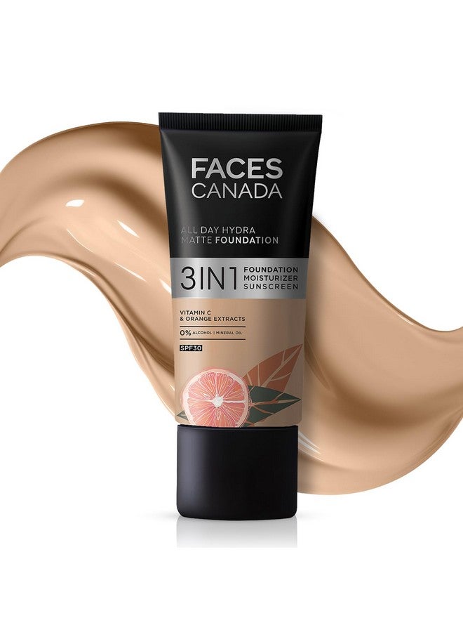 Faces Canada All Day Hydra Matte Foundation | 3-In-1 Foundation + Moisturizer + Spf 30 | 24 Hr Aloe Hydration & Vitamin C | 10Hr Long Wear | Medium To High Buildable Coverage | Medium Natural 022 | 25Ml