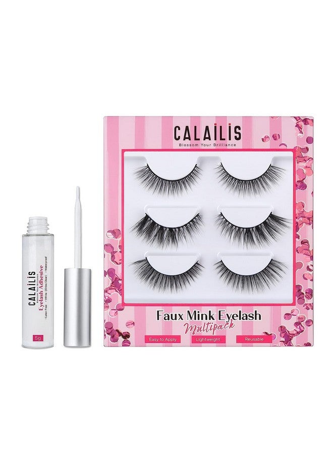 False Eyelash, Eye Makeup Lash 3D Faux Mink Fake Eyelash Long Natural Eyelashes 3 Pairs With 5G False Eyelash Glue (Cs01)