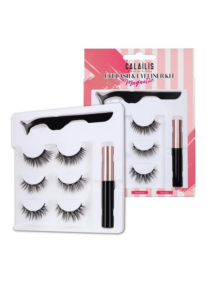 Magnetic Eyelashes For Women, Eyelashes Magnetic With Eye Makeup Waterproof Liquid Eye Liner, 3D Magnetic Lashes Natural Reusable Magnetic Flase Eyelashes 3 Pairs, Free Applicator(Cy103)