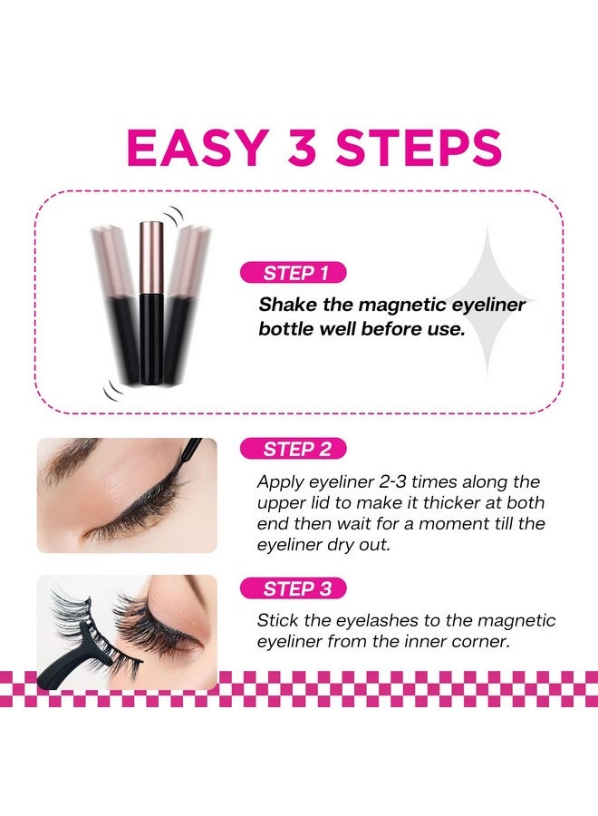 Magnetic Eyelashes For Women, Eyelashes Magnetic With Eye Makeup Waterproof Liquid Eye Liner, 3D Magnetic Lashes Natural Reusable Magnetic Flase Eyelashes 3 Pairs, Free Applicator(Cy103)