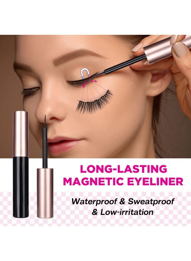 Magnetic Eyelashes For Women, Eyelashes Magnetic With Eye Makeup Waterproof Liquid Eye Liner, 3D Magnetic Lashes Natural Reusable Magnetic Flase Eyelashes 3 Pairs, Free Applicator(Cy103)