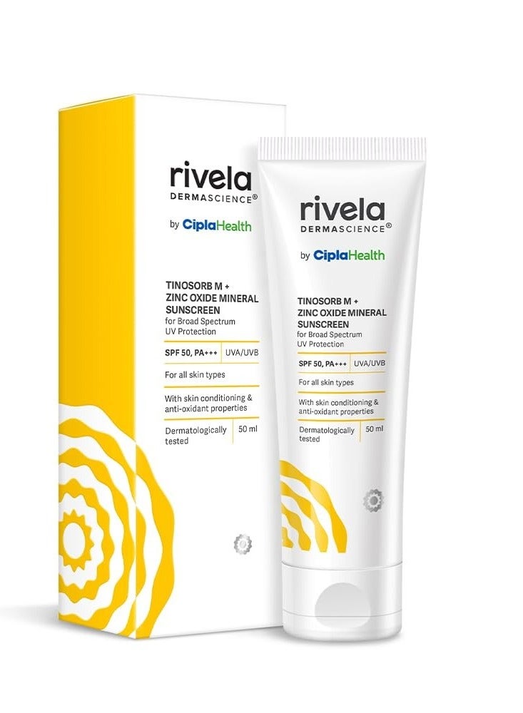 Rivela Dermascience By Cipla SPF 50, PA+++ Mineral Sunscreen Lotion With Tinosorb M, No White Cast, UVA/UVB Protection For Normal to Dry Skin, 50ml