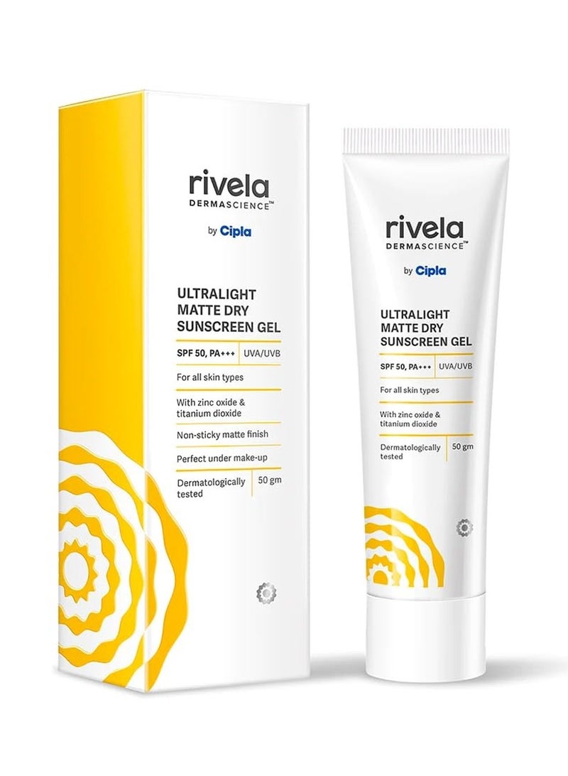 Rivela Dermascience Ultralight Matte Sunscreen Gel By Cipla | SPF 50, PA+++ | With Zinc Oxide | No White Cast | Non-Sticky Finish | For Normal to Oily Skin- 50 gm