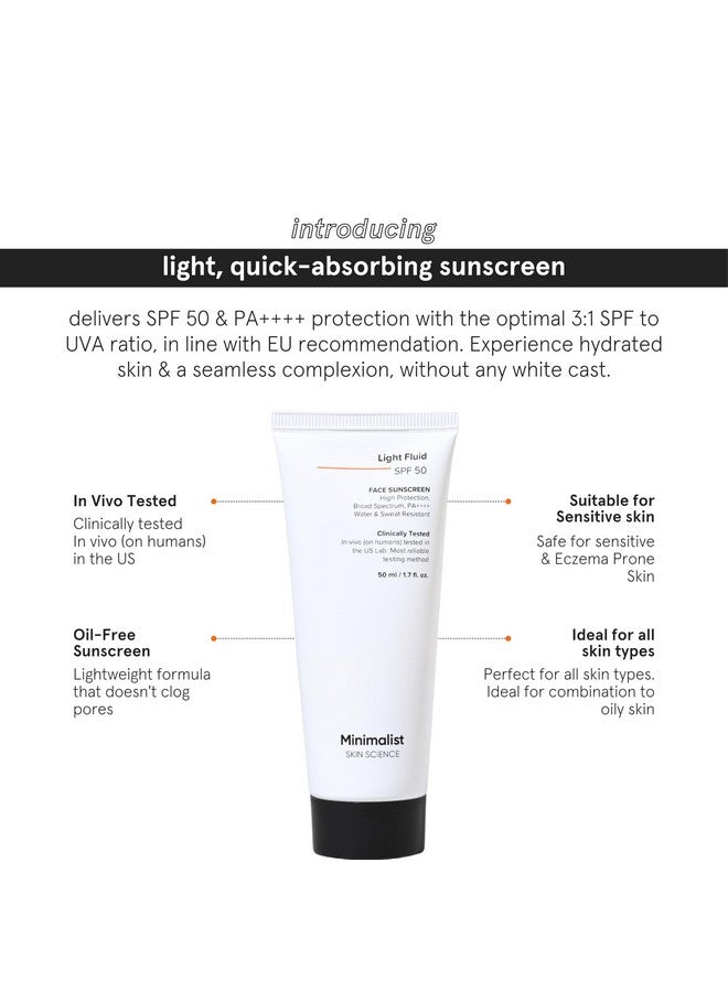 Light Fluid Sunscreen Spf 50 Pa++++ | Clinically Tested In Us (In-Vivo) | No White Cast | Broad Spectrum | Lightweight, Water & Sweat Resistant | For Women & Men | 50Ml