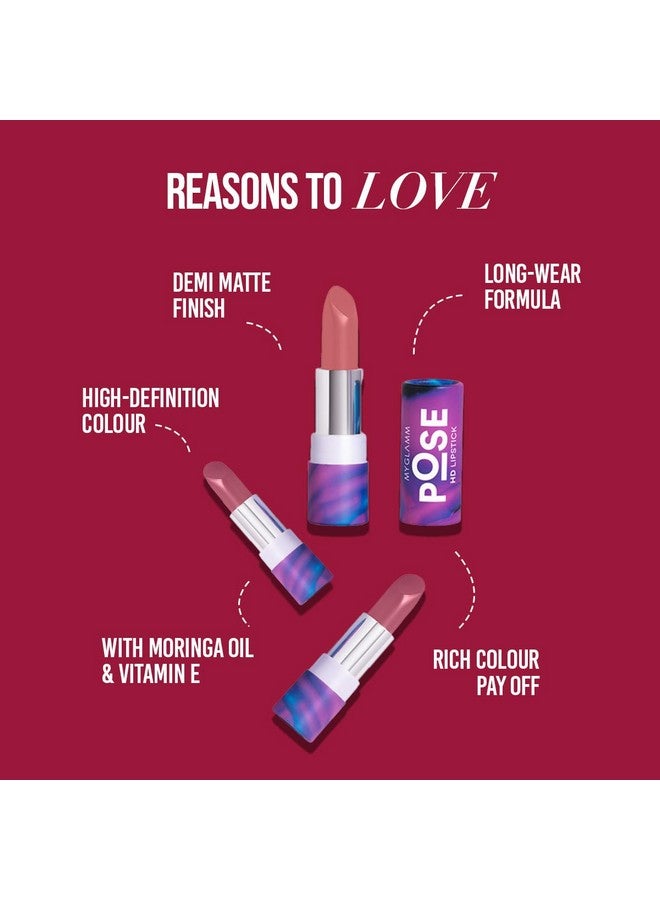 Pose Hd Lipstick-Rose Pink (Pink)-4 Gm | Matte Lipstick | Enriched With Moringa Oil & Vitamin E | Long-Lasting & Moisturising