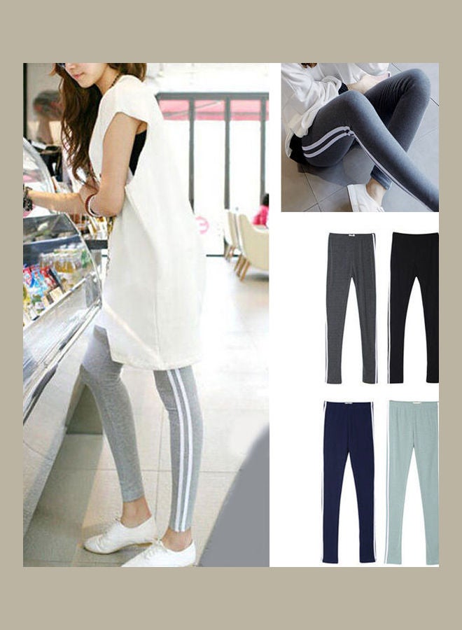 White Side Stripe Women's Yoga Gym Tights Sweat Pants Sports Skinny Trousers Dark Grey