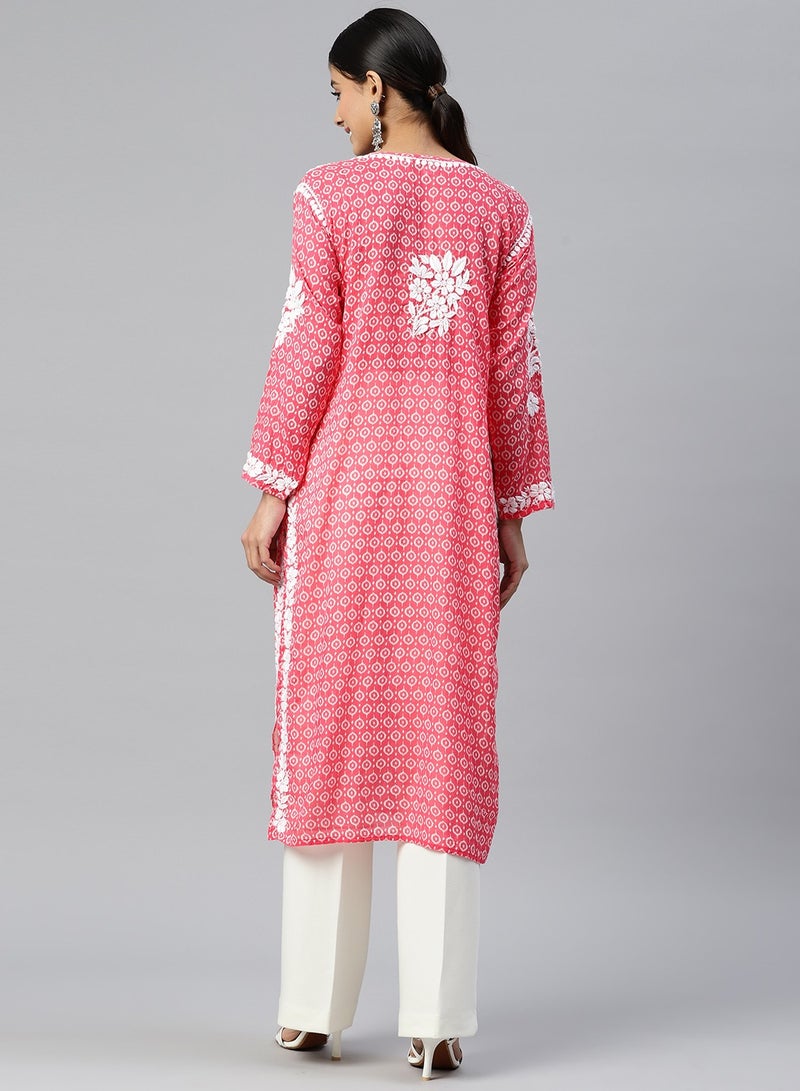 Women Hand Embroidered Lucknowi Chikankari Mulmul Cotton Pink Kurta - AL3650