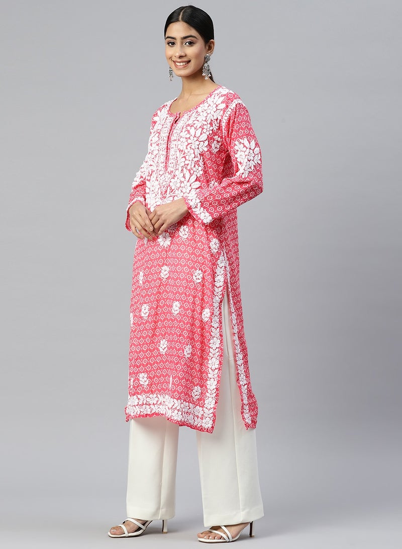 Women Hand Embroidered Lucknowi Chikankari Mulmul Cotton Pink Kurta - AL3650