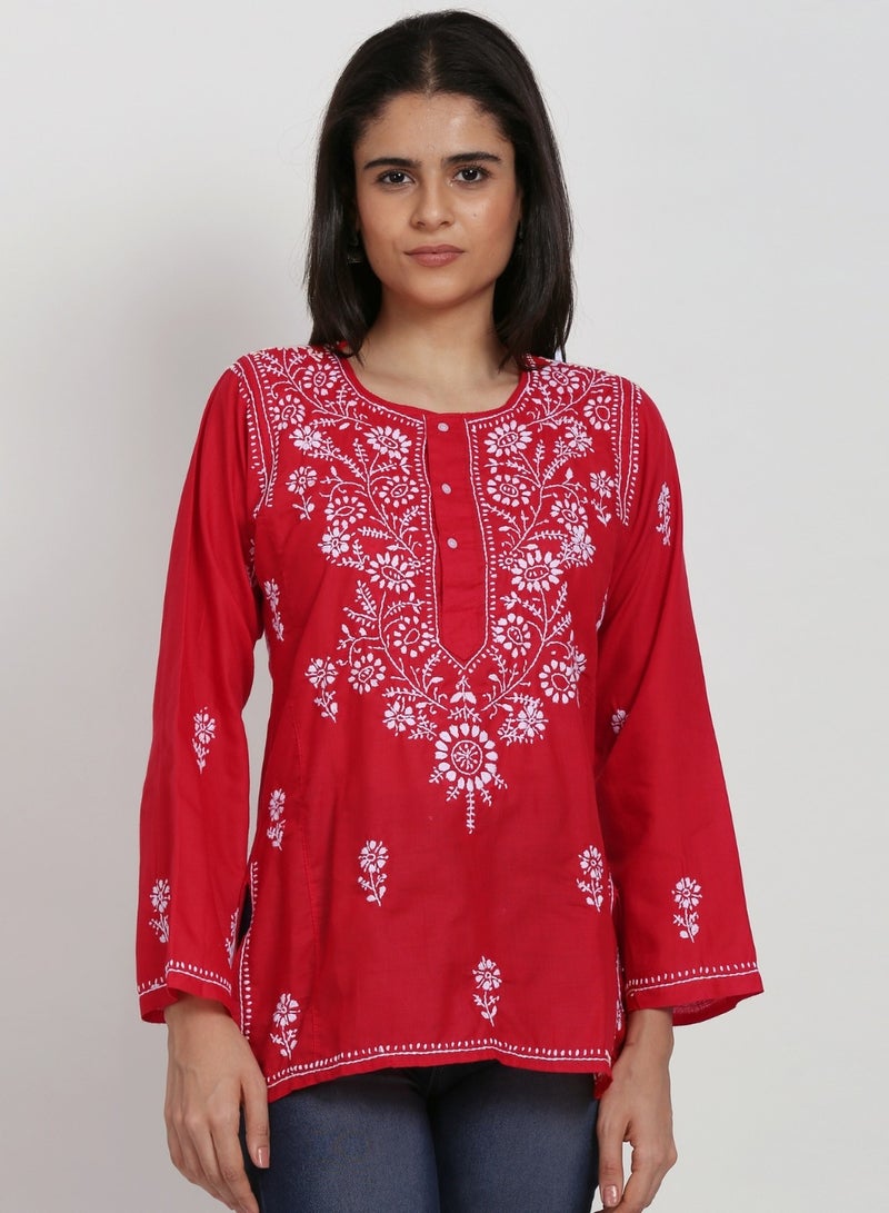 Women Hand Embroidered Chikankari Cotton Kurti-ALSTV115