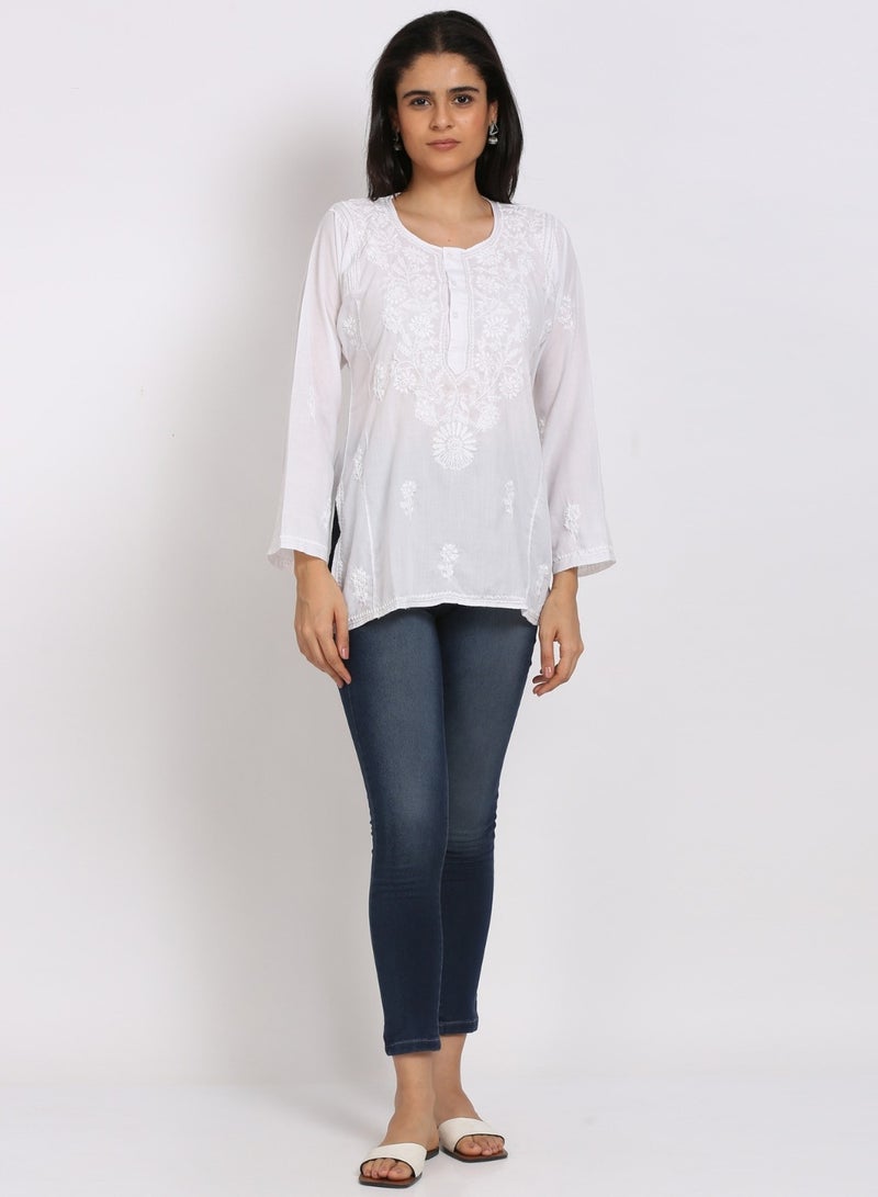 Women Hand Embroidered Chikankari Cotton Kurti-ALSTV115