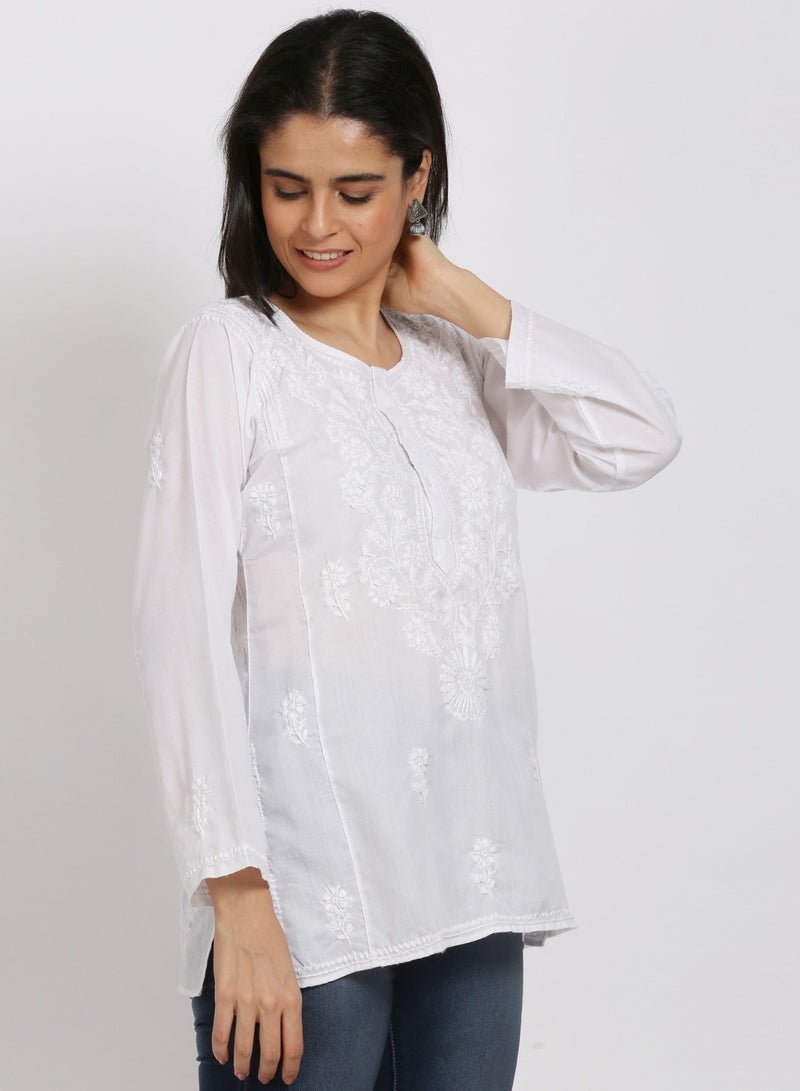 Women Hand Embroidered Chikankari Cotton Kurti-ALSTV115