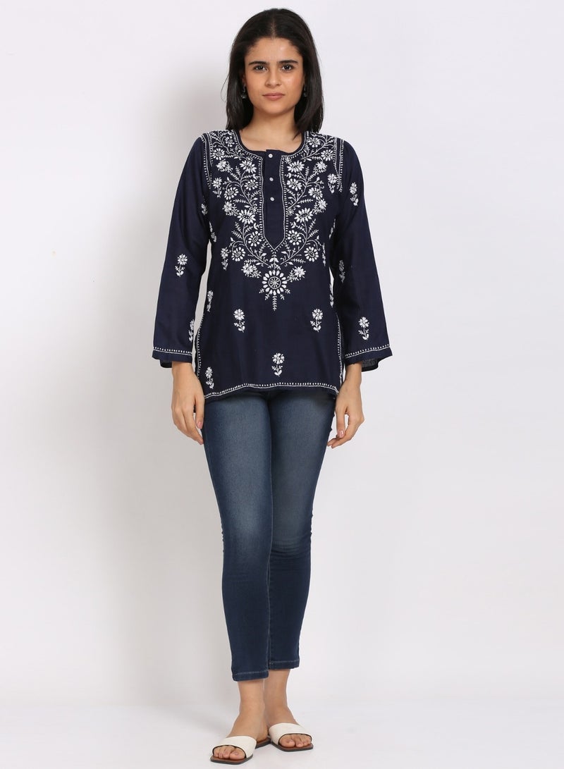 Women Hand Embroidered Chikankari Cotton Kurti-ALSTV115