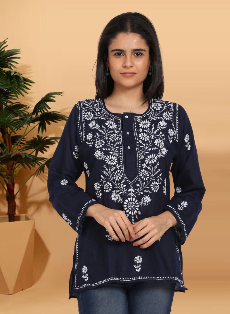 Women Hand Embroidered Chikankari Cotton Kurti-ALSTV115