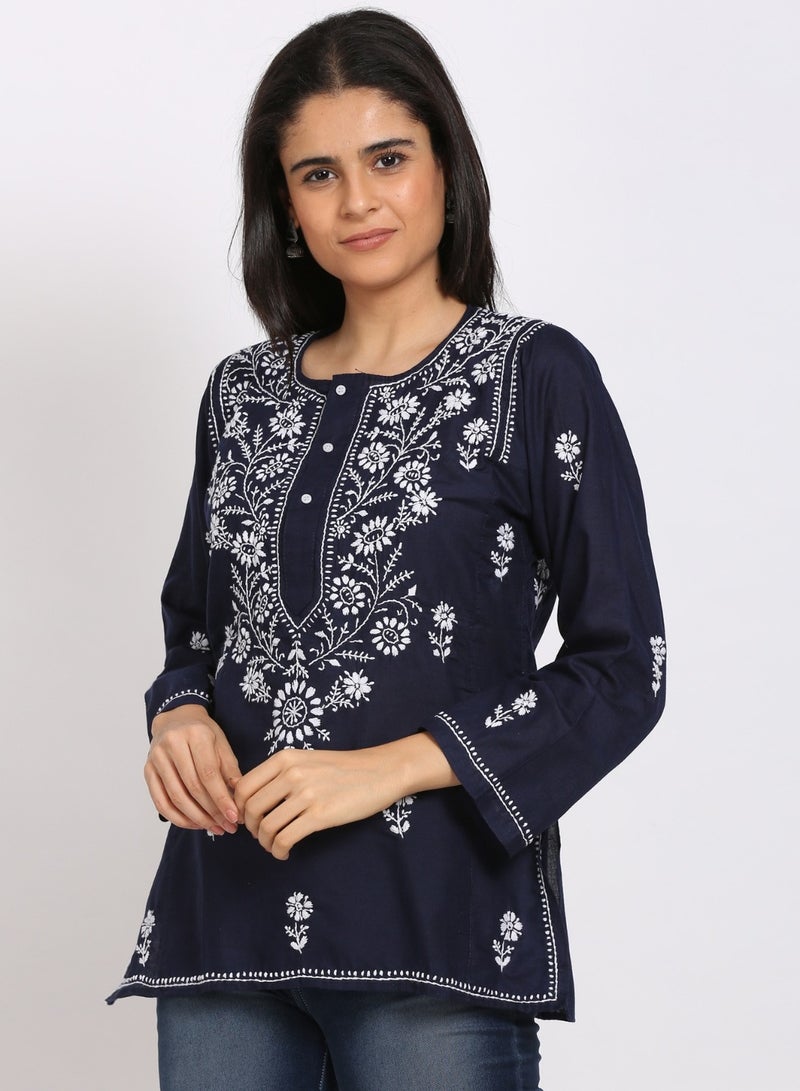 Women Hand Embroidered Chikankari Cotton Kurti-ALSTV115