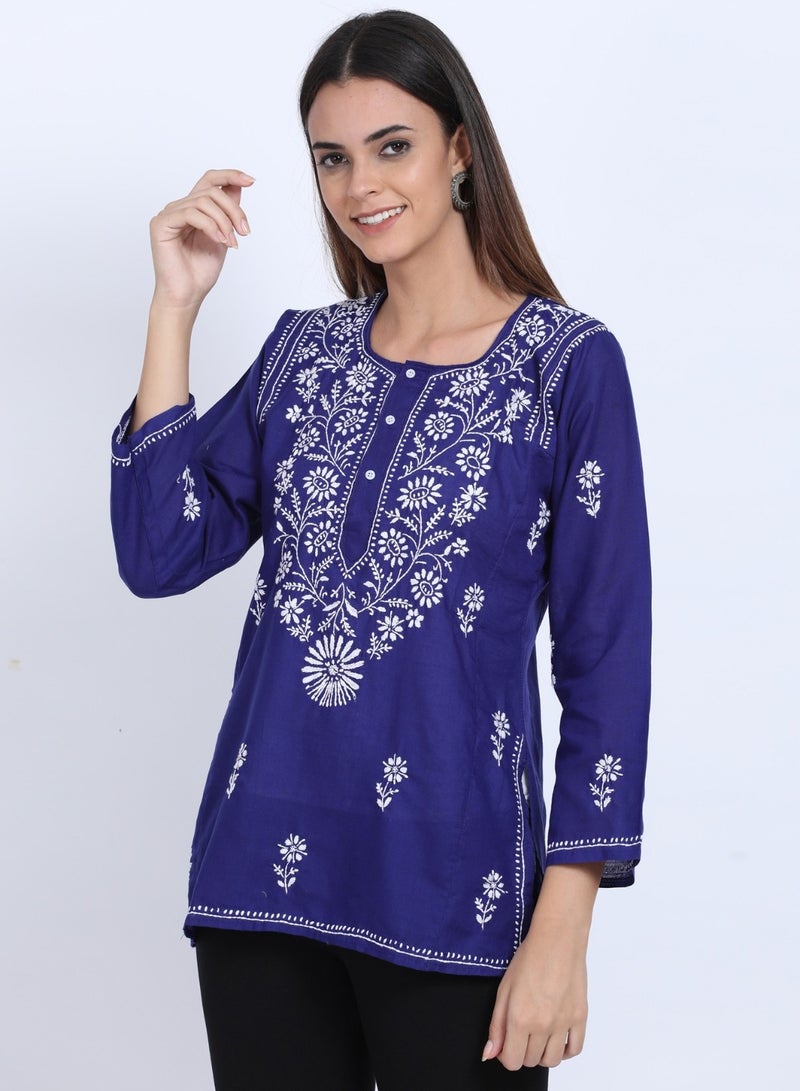 Women Hand Embroidered Chikankari Cotton Kurti-ALSTV115