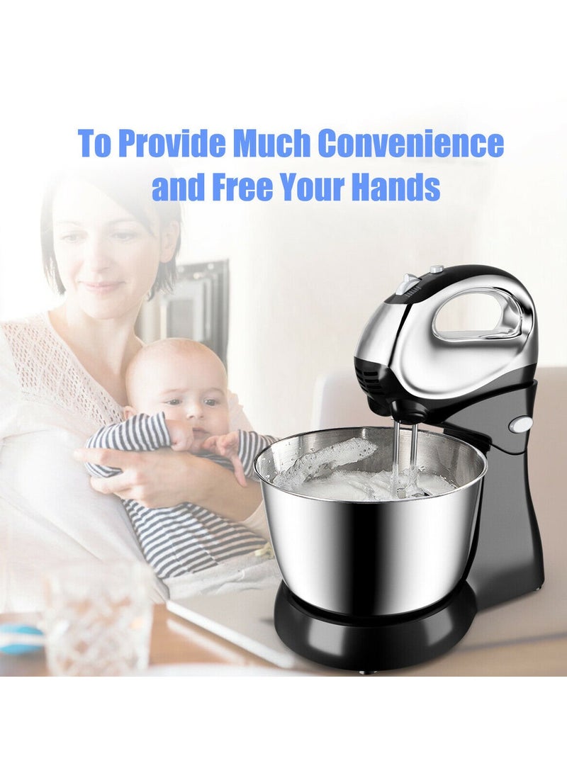 200W Stand Mixer Hand Mixer 5-Speed w/Dough Hooks & Beaters Stainless Steel Bowl