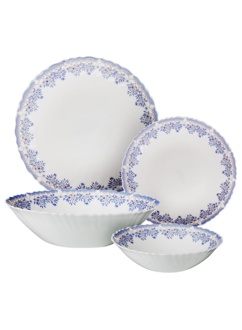 19-Piece Opal Glass Dinner Set with Blue Floral Pattern, 6 Dinner Plates 24cm, 6 Soup Bowls 19cm, 6 Side Plates 19cm, 1 Serving Bowl 23cm, Dishwasher Safe